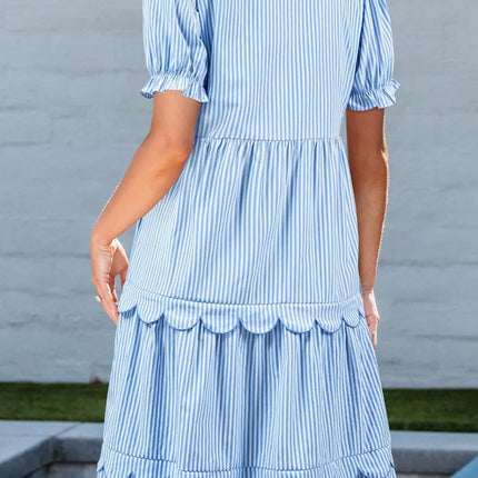 Stripe Bubble Short Sleeve Tiered Scallop Midi Dress - Image 2