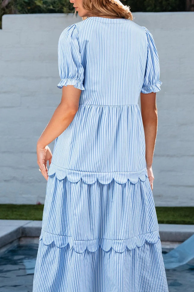Stripe Bubble Short Sleeve Tiered Scallop Midi Dress