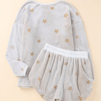 Round Neck Dropped Shoulder Star Print Top and Shorts Lounge Set - Image 4