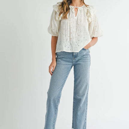 MABLE Eyelet Lace Ruffle Shoulder Puff Sleeve Blouse - Image 4