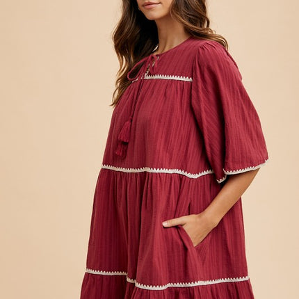 Annie Wear Tassel Contrast Trim Tie Neck Half Sleeve Tiered Dress - Image 2