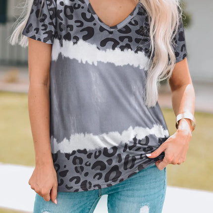 Leopard V-Neck Short Sleeve T-Shirt - Image 1