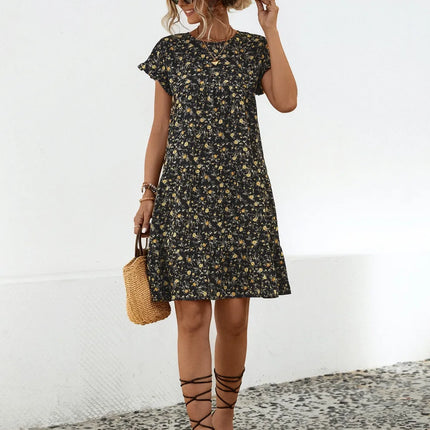 Frill Floral Round Neck Short Sleeve Tiered Dress - Image 6