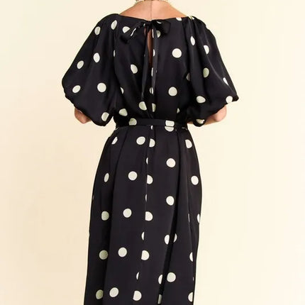 Davi & Dani Polka Dot Puff Sleeves Waist Tie Midi Dress - Image 5