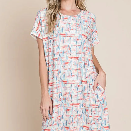 BOMBOM Printed Round Neck Short Sleeve Tee Dress - Image 1