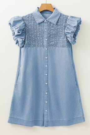 Smocked Collared Neck Cap Sleeve Denim Dress - Image 8