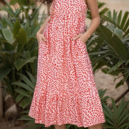 Geometric Print Knot Back Sleeveless Ruffle Hem Dress - Image 2