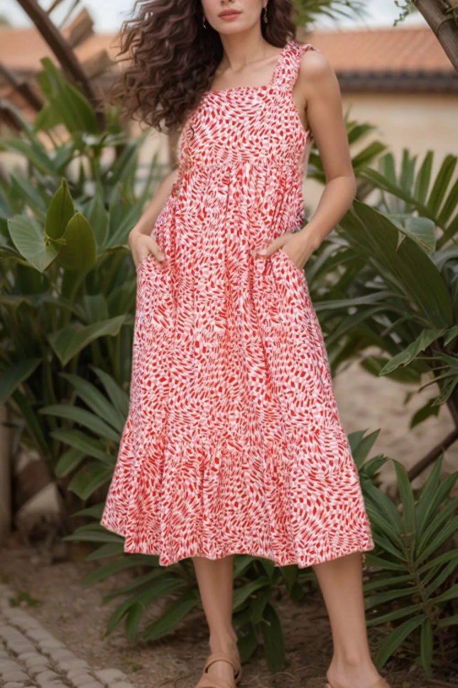 Geometric Print Knot Back Sleeveless Ruffle Hem Dress