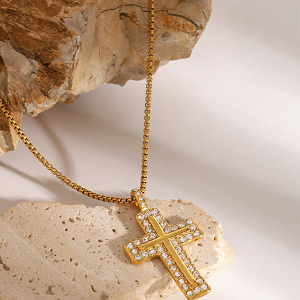 18K Gold-Plated Inlaid Zircon Cross Necklace - Image 5