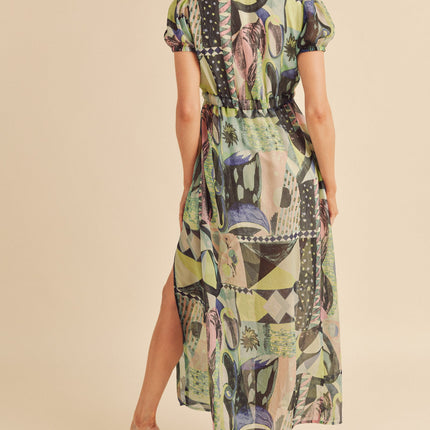 Aemi + Co Lace Detail Slit Geometric Print Short Sleeve Maxi Dress - Image 2