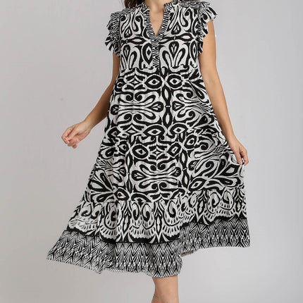 Umgee Full Size Two Tone Border Print Ruffle Cap Sleeve Midi Dress Plus Size - Image 8
