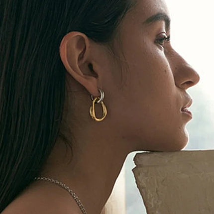 18K Gold-Plated Stainless Steel Contrast Asymmetrical  Earrings - Image 2