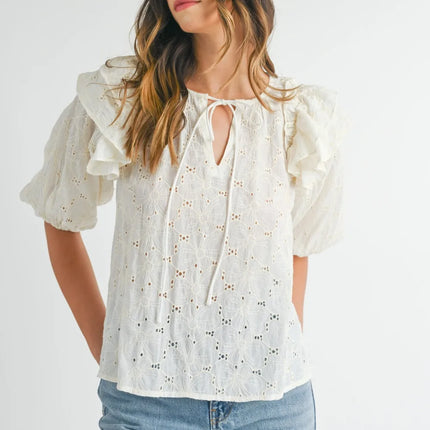 MABLE Eyelet Lace Ruffle Shoulder Puff Sleeve Blouse - Image 1