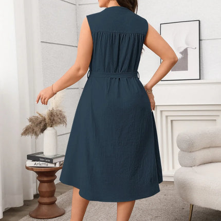 Plus Size Button Front Tie Waist Sleeveless Dress - Image 7