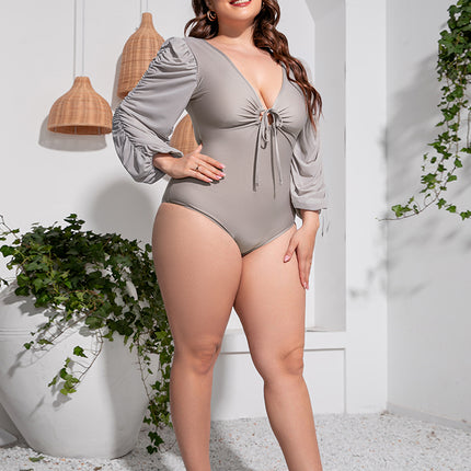 Plus Size Tied Deep V Balloon Sleeve One-Piece Swimsuit - Image 10