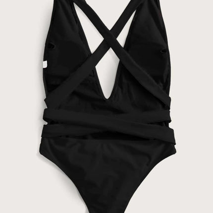 Halter Neck Deep V Tied One-Piece Swimsuit - Image 12