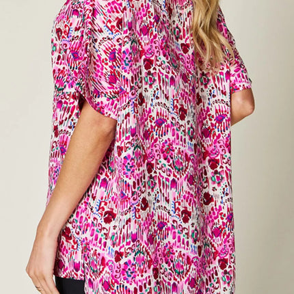 Double Take Full Size Printed V-Neck Short Sleeve Blouse - Image 3