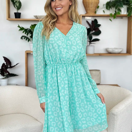Double Take Full Size Printed Ruched V-Neck Long Sleeve Dress - Image 16