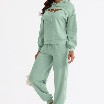 Cutout Drawstring Hoodie and Joggers Active Set - Image 1