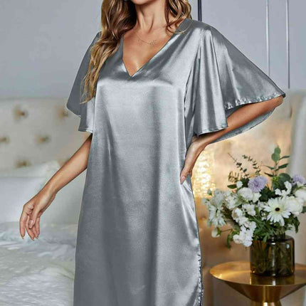 Satin Flutter Sleeve Side Slit V-Neck Night Dress - Image 17