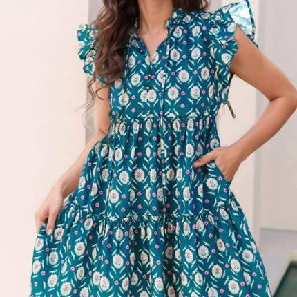 Printed Tie Neck Ruffled Cap Sleeve Dress - Image 1