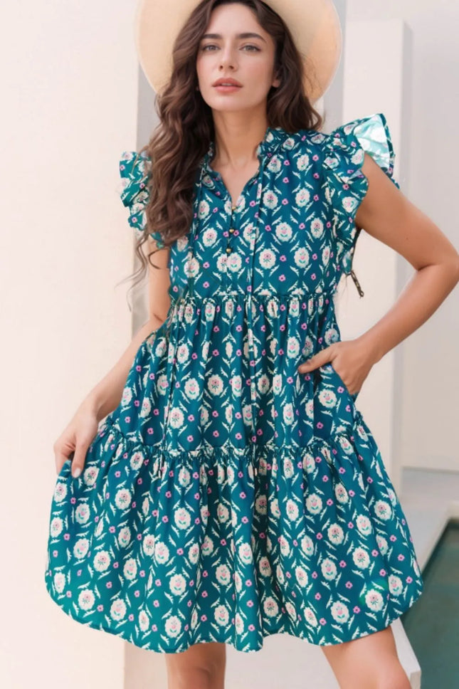 Printed Tie Neck Ruffled Cap Sleeve Dress