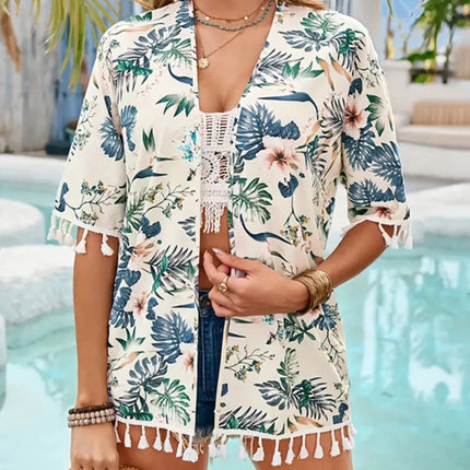 Tassel Printed Open Front Half Sleeve Cover-Up - Image 1