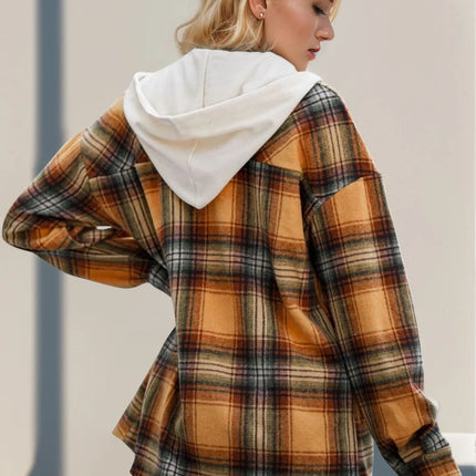 Double Take Drawstring Plaid Long Sleeve Hooded Shacket - Image 2