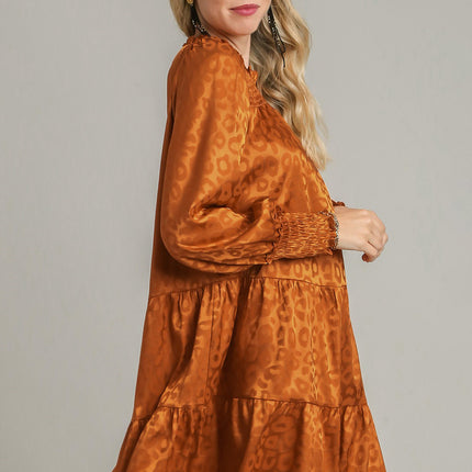 Umgee Smocked Leopard Long Sleeve Tiered Dress - Image 3