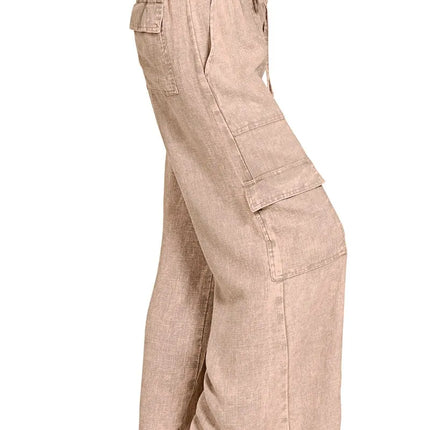 Zenana Washed Linen Elastic Band Waist Cargo Pants - Image 3
