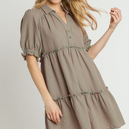 Umgee Full Size Plaid Frill Button Detail Ruffled Short Sleeve Dress Plus Size - Image 1