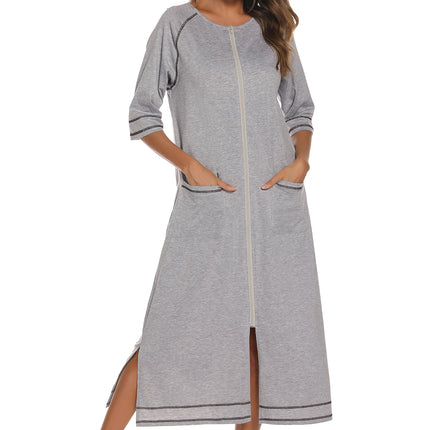 Zip Up Slit Round Neck Night Dress with Pockets - Image 5