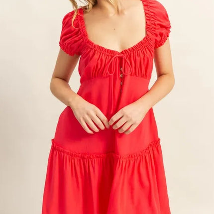 HYFVE Ruched Frill Tiered Short Sleeve Mini Dress - Image 1