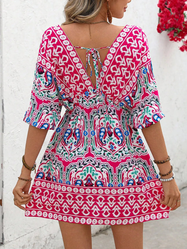 Printed Tie Back Half Sleeve Mini Dress
