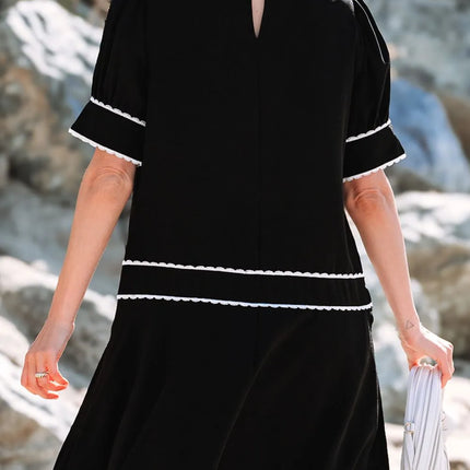 Contrast Scallop Trim Bow Detail Short Sleeve Shift Dress - Image 3