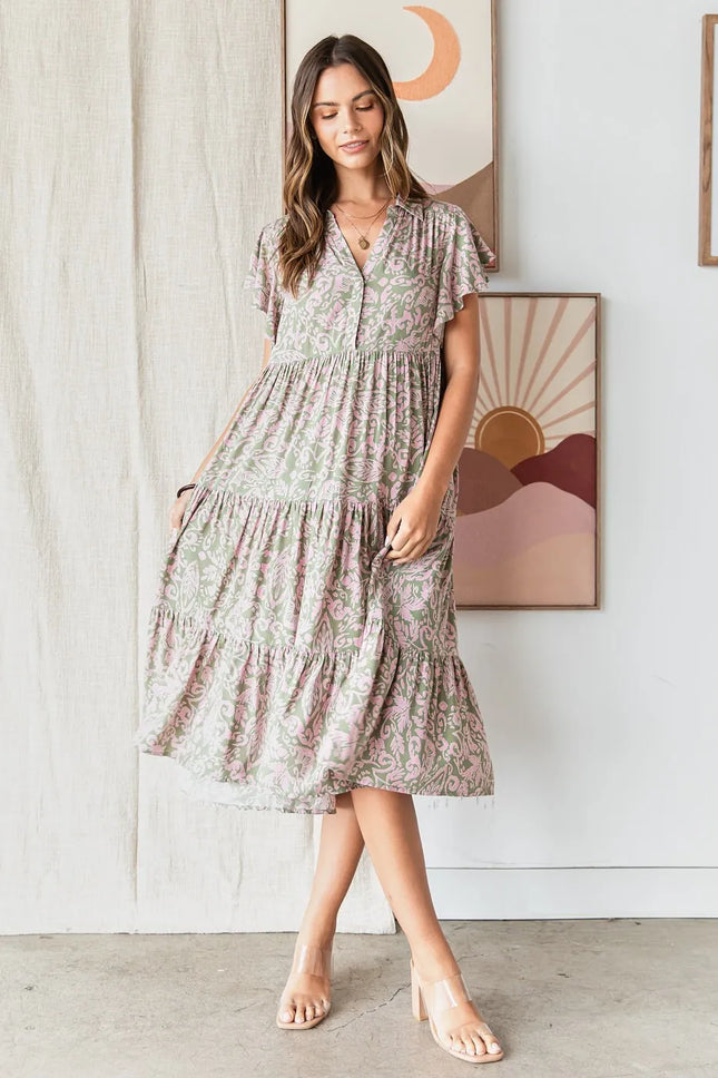 Mittoshop Abstract Print Ruffle Tier Midi Dress