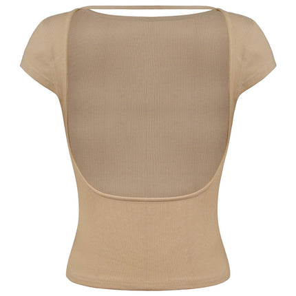 Round Neck Backless Short Sleeve Tee - Image 3