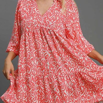 Umgee Full Size Two Tone Print Balloon Sleeve Tiered Dress Plus Size - Image 4