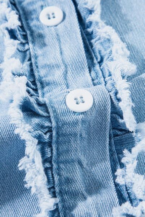 Button Down Raw Hem Ruffled Denim Shirt - Image 8
