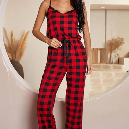 Plaid Lace Trim Spaghetti Strap Jumpsuit - Image 3