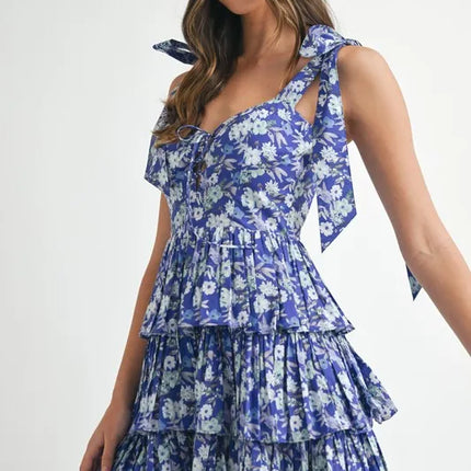 MABLE Floral Print Shoulder Tie Layered Mini Dress - Image 9