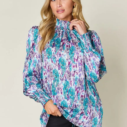 Double Take Full Size Printed Smocked Long Sleeve Blouse - Image 1