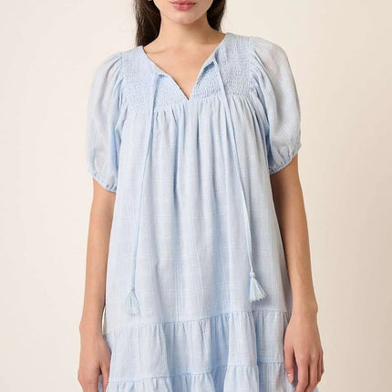 Mittoshop Tassel Tie Plaid Gauze Short Sleeve Mini Dress - Image 1