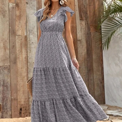 Printed V-Neck Ruffled Cap Sleeve Maxi Dress - Image 14