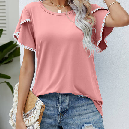 Pom-Pom Trim Flutter Sleeve Round Neck Tee - Image 16
