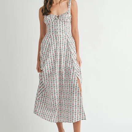 MABLE Floral Print Bustier Back Lace Up Midi Dress - Image 1