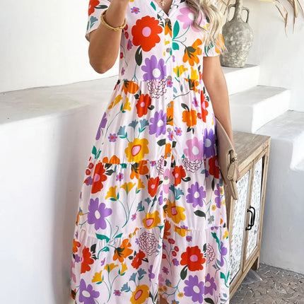 Devine Printed Johnny Collar Button Down Short Sleeve Midi Shirt Dress - Image 5