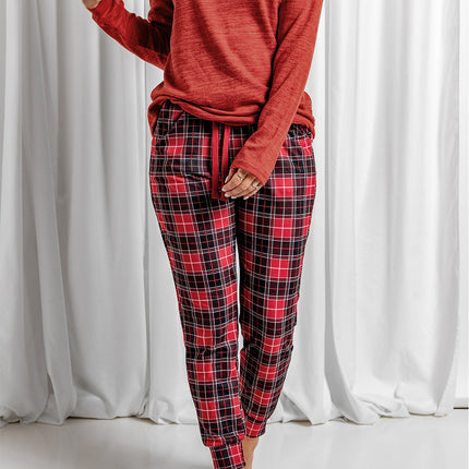 Round Neck Top and Drawstring Plaid Pants Lounge Set - Image 3