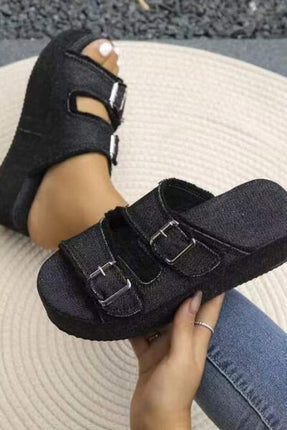 Raw Hem Wedge Buckle Sandals - Image 2