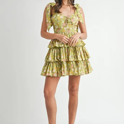 MABLE Floral Print Shoulder Tie Layered Mini Dress - Image 9